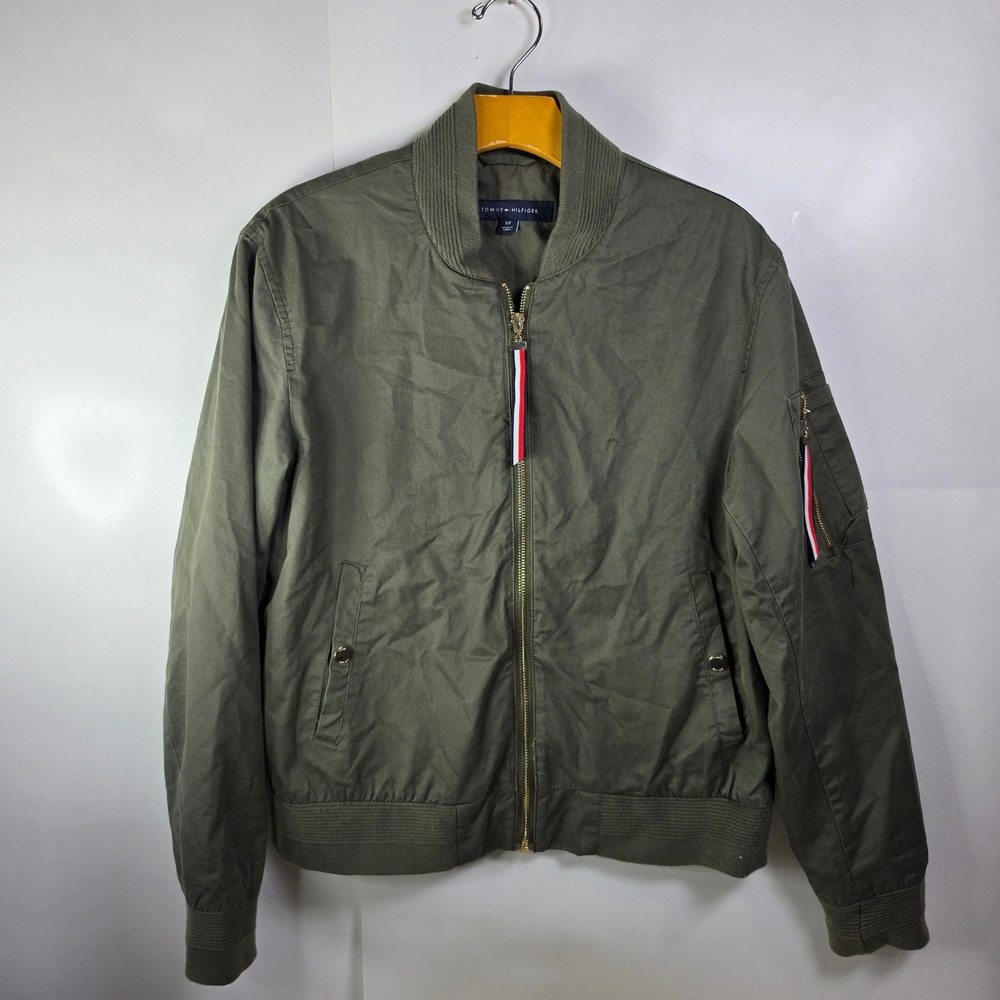 Tommy Hilfiger Olive Green Bomber Jacket Mens Small Full Zip MA-1 Flight Coat